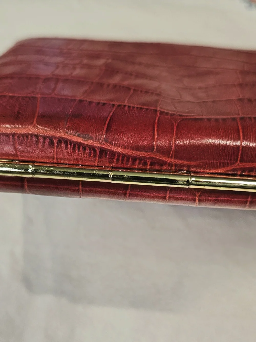 Vintage Red ABAS Genuine Leather Wallet Croc Embossed Frame Clutch Organizer